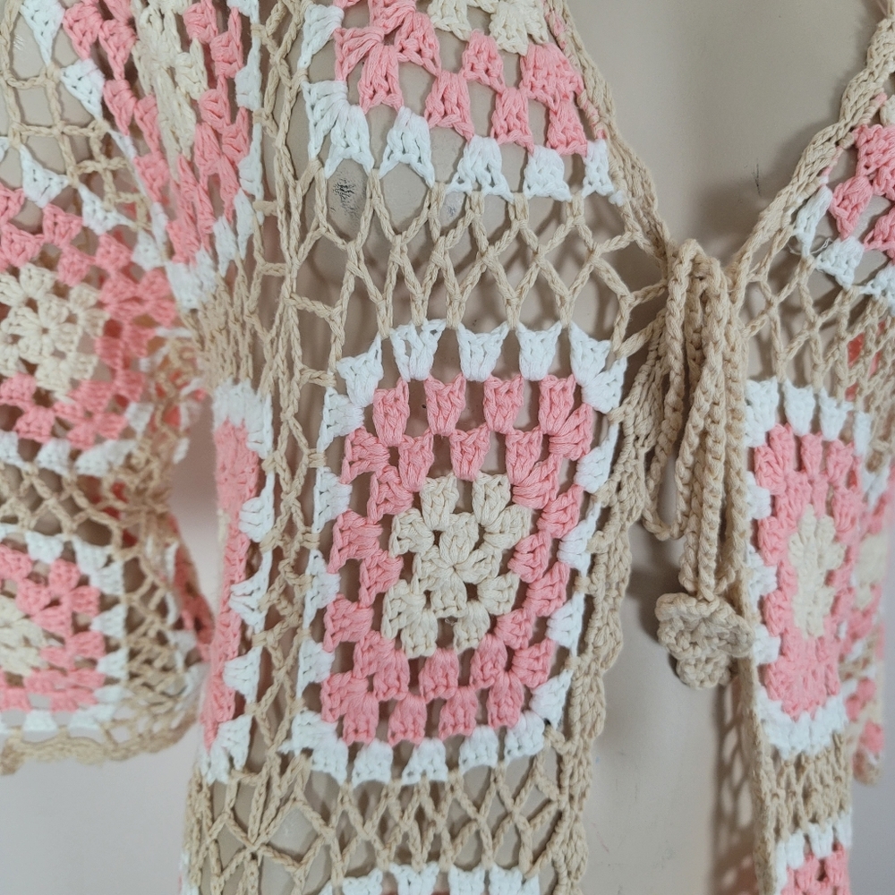 POL Kauai Crochet Long Tie Cardigan In Blush Beige Size Medium Granny Squares - Picture 5 of 14